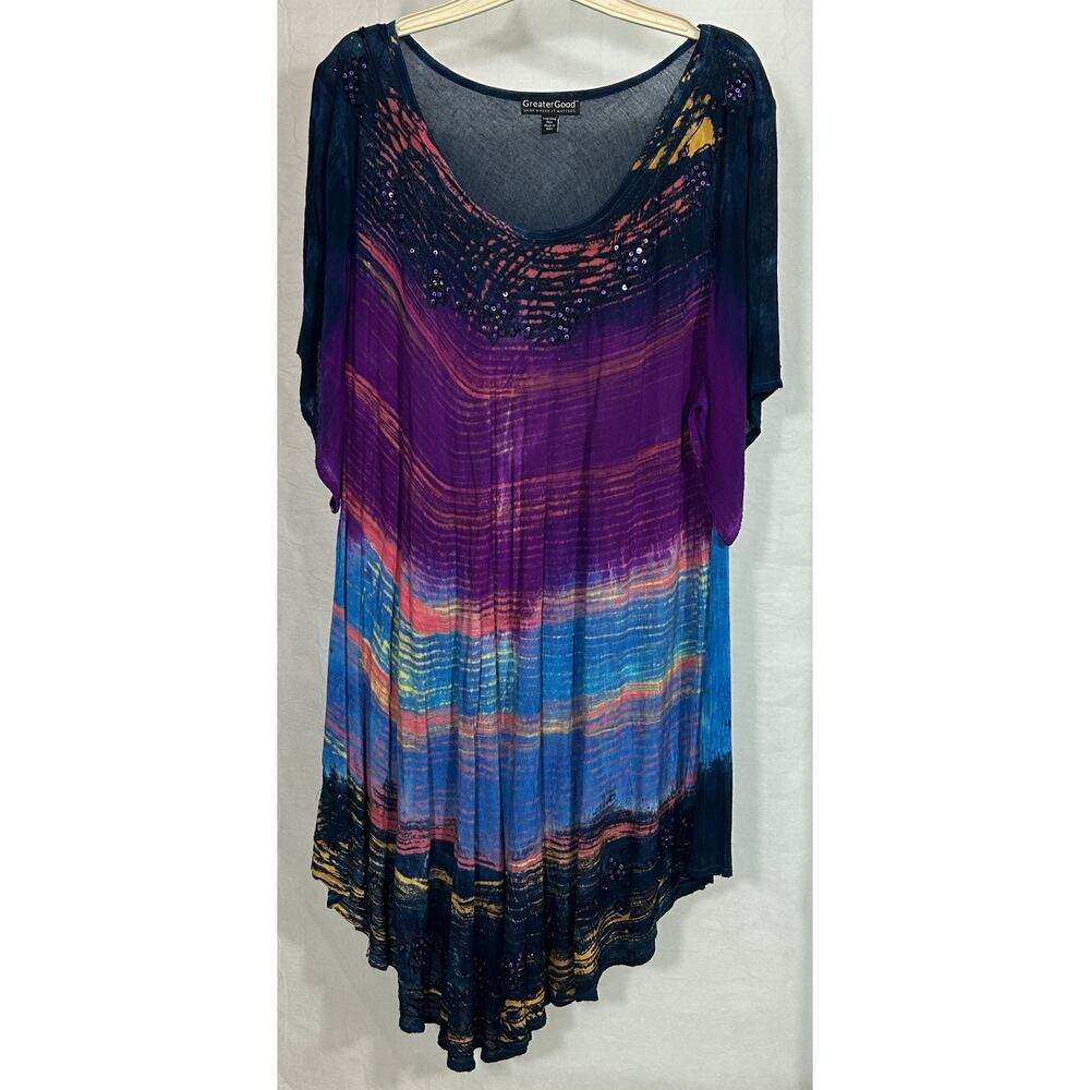 Greater Good Rainbow Tunic Top Free Size Plus Hand Dyed Sequin Detail